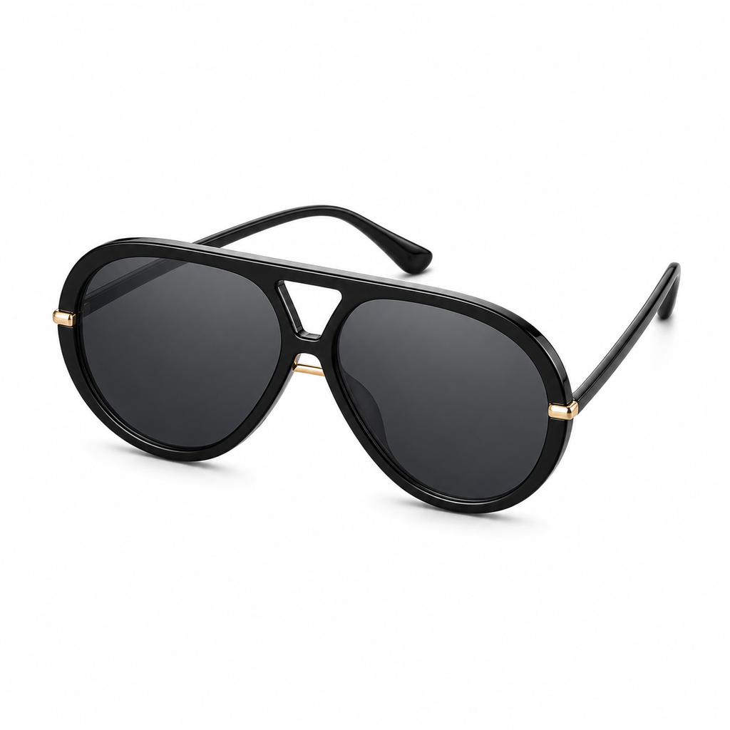 NOCT Altitude oversized full-rim teardrop navigator with triangular double bridge sunglasses in Black / Smoke on a white background
