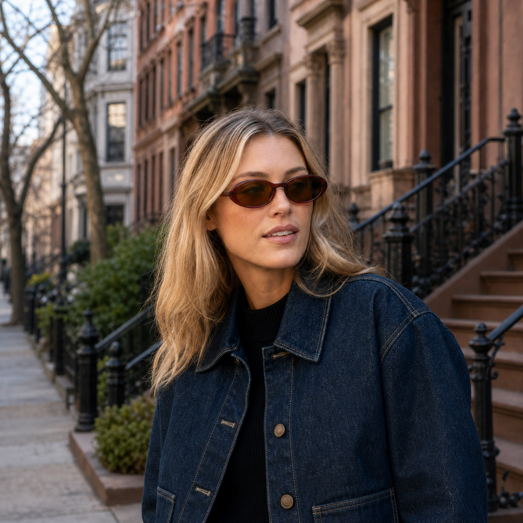 Young fashion model wearing NOCT Amaranth micro full-rim horizontal oval sunglasses in Burgundy / Brown