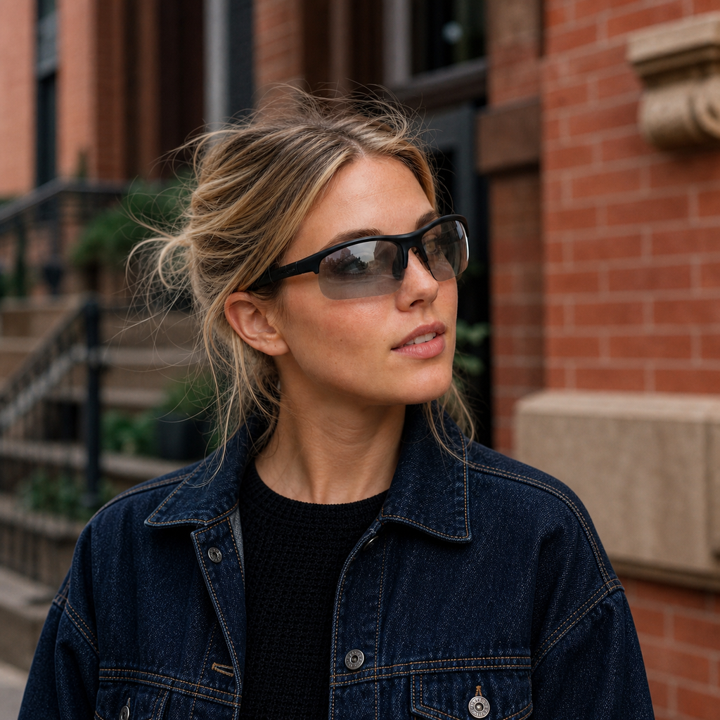 Young fashion model wearing NOCT Apex curved semi-rimless dual-lens sport wrap sunglasses in Black / Light Smoke