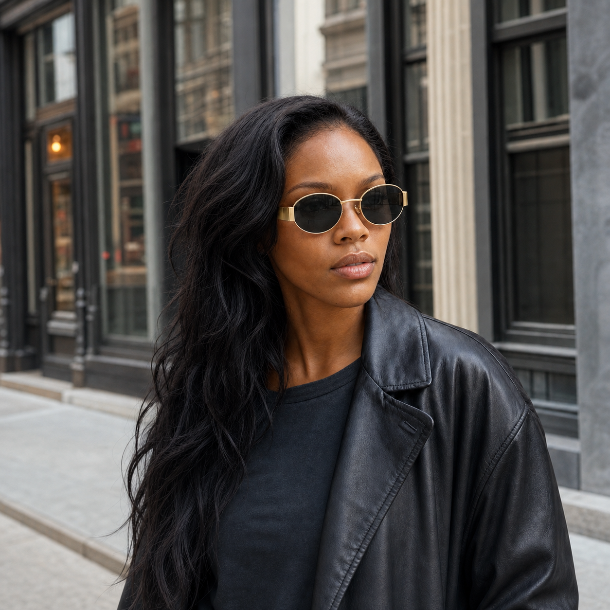 Young fashion model wearing NOCT Aurel small full-rim geometric round sunglasses in Gold / Smoke