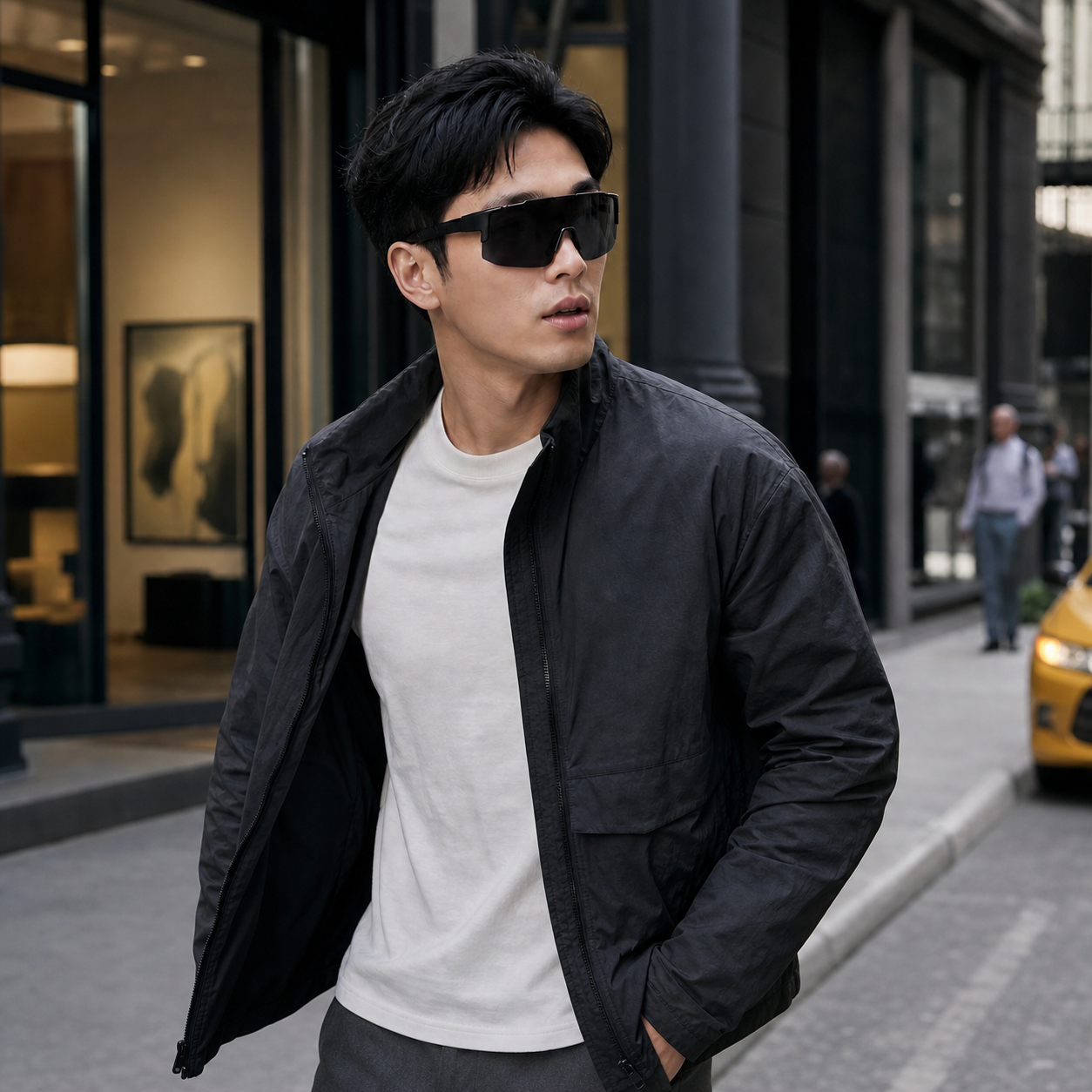 Young fashion model wearing NOCT Axis oversized single-lens blade shield wrap sunglasses in Gray / Smoke