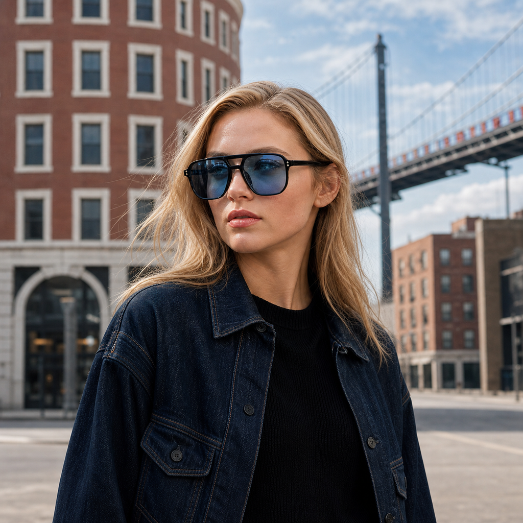 Young fashion model wearing NOCT Bastion oversized square navigator full-rim with double bridge sunglasses in Black / Blue