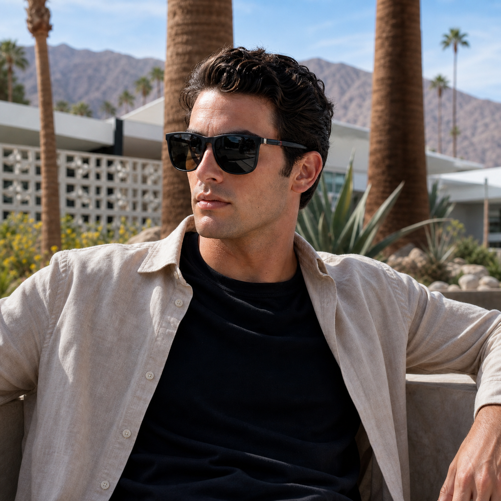 Young fashion model wearing NOCT Bulwark oversized square full-rim sunglasses in Black / Smoke