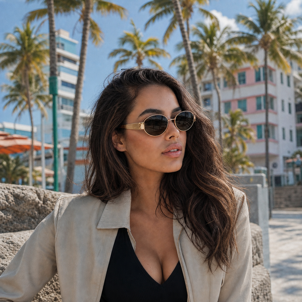 Young fashion model wearing NOCT Celeste full-rim round-oval metal sunglasses in Gold / Brown