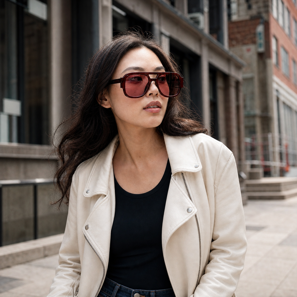 Young fashion model wearing NOCT Citadel oversized angular square navigator full-rim with double bridge sunglasses in Burgundy / Rose Smoke