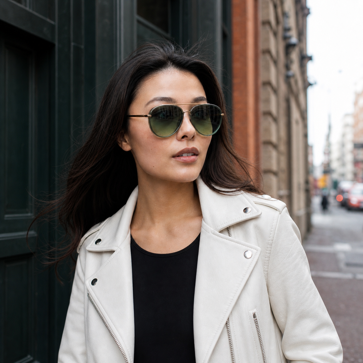 Young fashion model wearing NOCT Crest full-rim rounded teardrop aviator with double bridge sunglasses in Gold / Green
