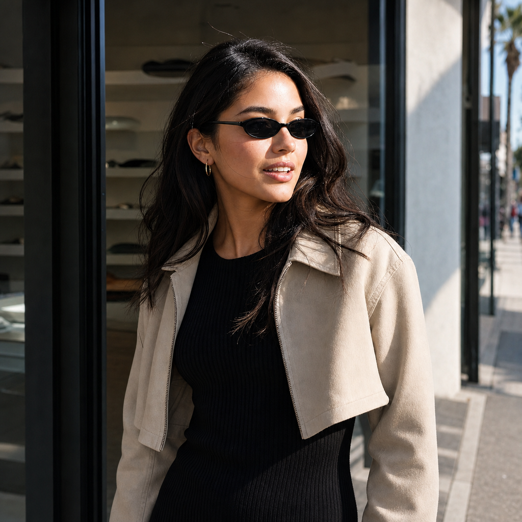 Young fashion model wearing NOCT Echo slim full-rim horizontal oval sunglasses in Black / Smoke