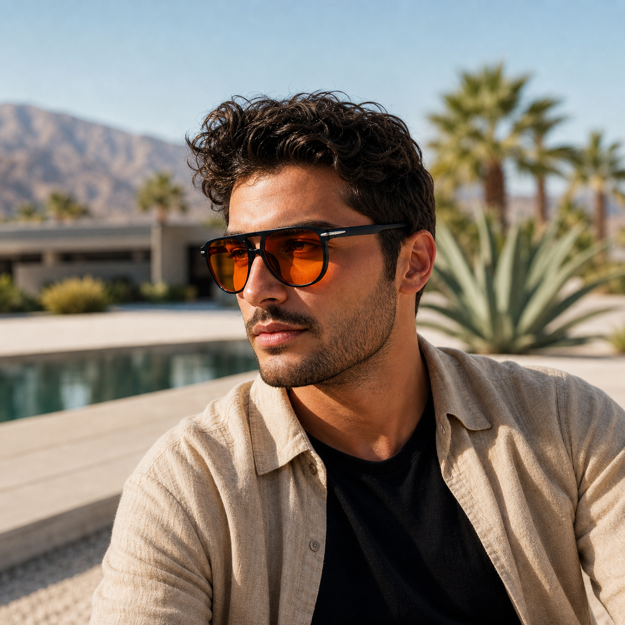 Young fashion model wearing NOCT Ember full-rim flat-top square pilot with open double bridge sunglasses in Silver / Amber