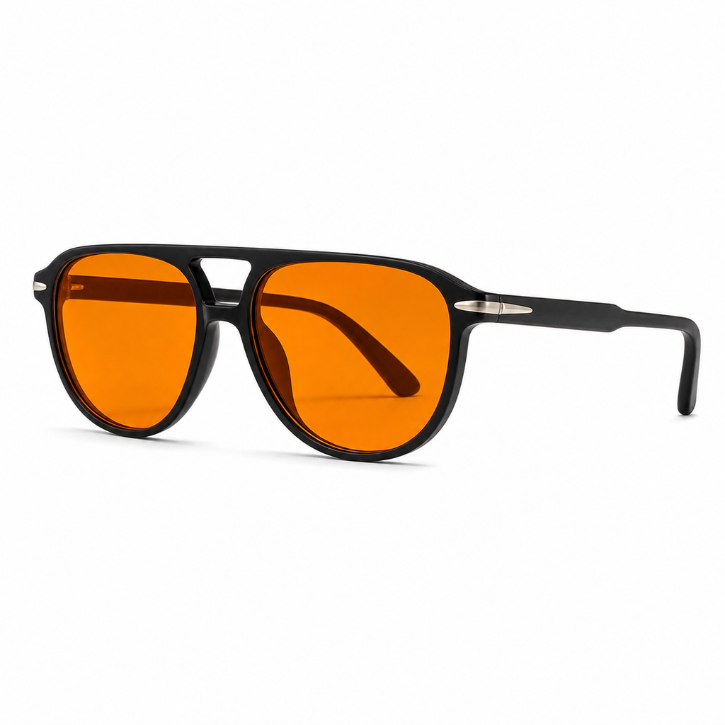 NOCT Ember full-rim flat-top square pilot with open double bridge sunglasses in Silver / Amber on a white background