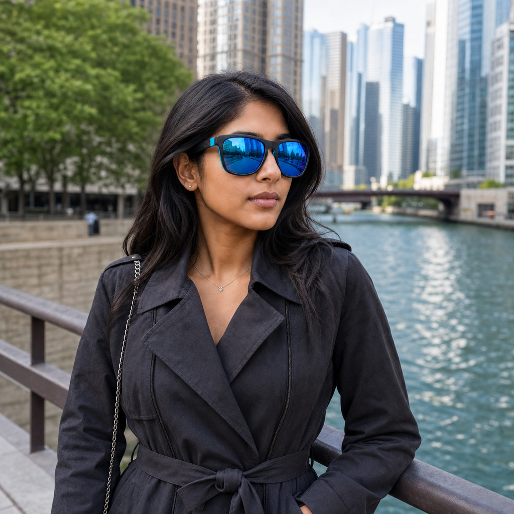 Young fashion model wearing NOCT Forge oversized square wraparound full-rim sunglasses in Blue / Blue Mirror