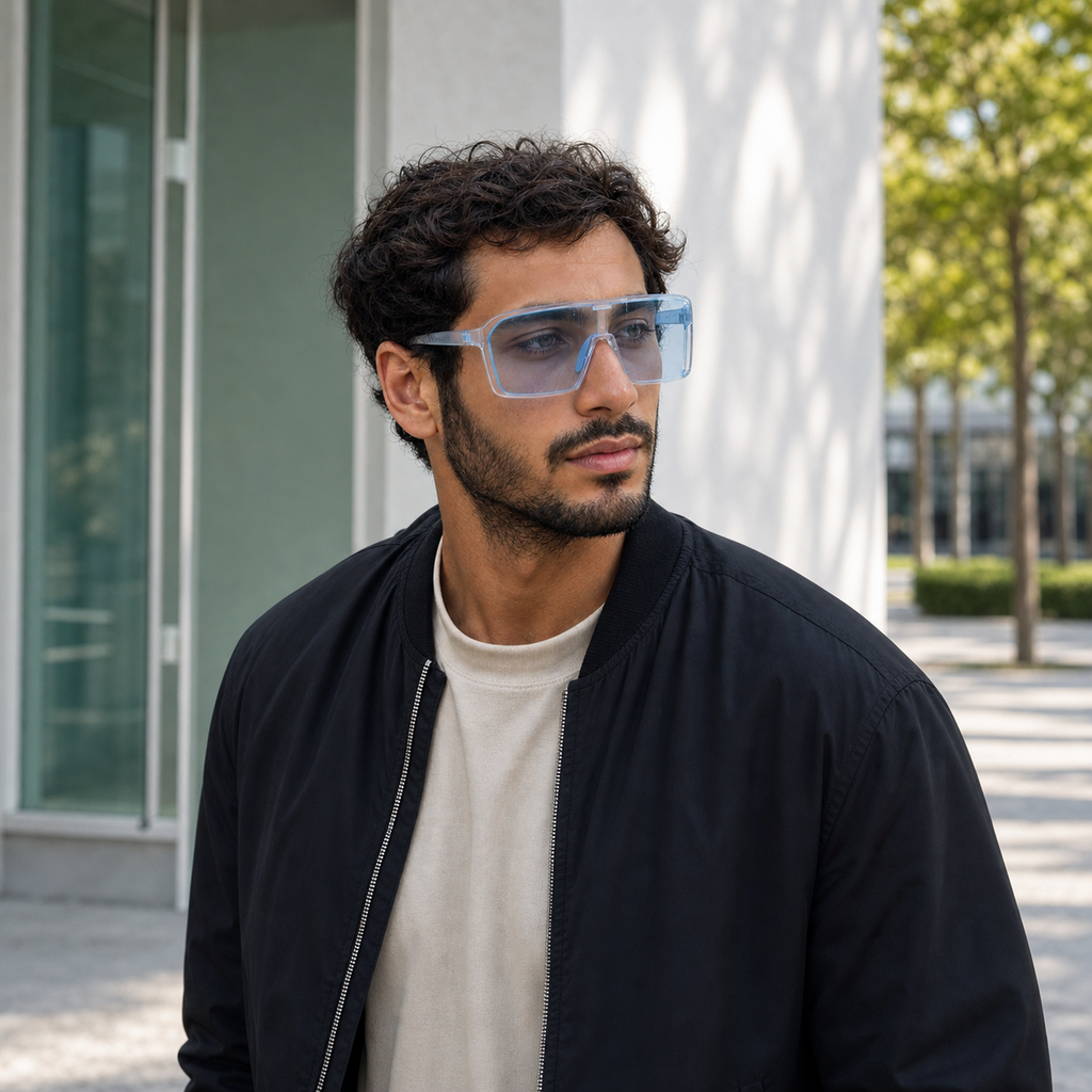 Young fashion model wearing NOCT Glide oversized full-rim rectangular shield wrap sunglasses in Ice Blue / Blue