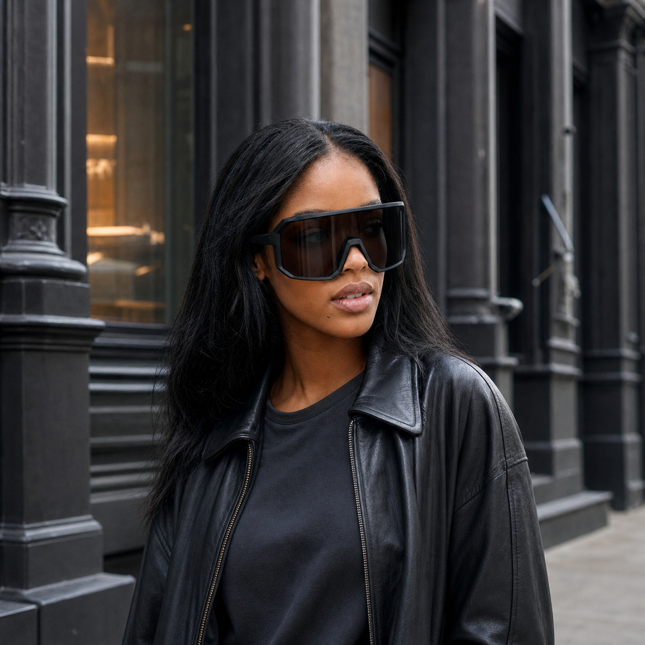 Young fashion model wearing NOCT Kinetic oversized full-rim rectangular wrap shield sunglasses in Black / Smoke