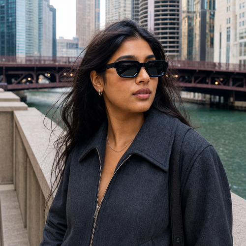 Young fashion model wearing NOCT Kline narrow angular rectangular full-rim sunglasses in Black / Smoke