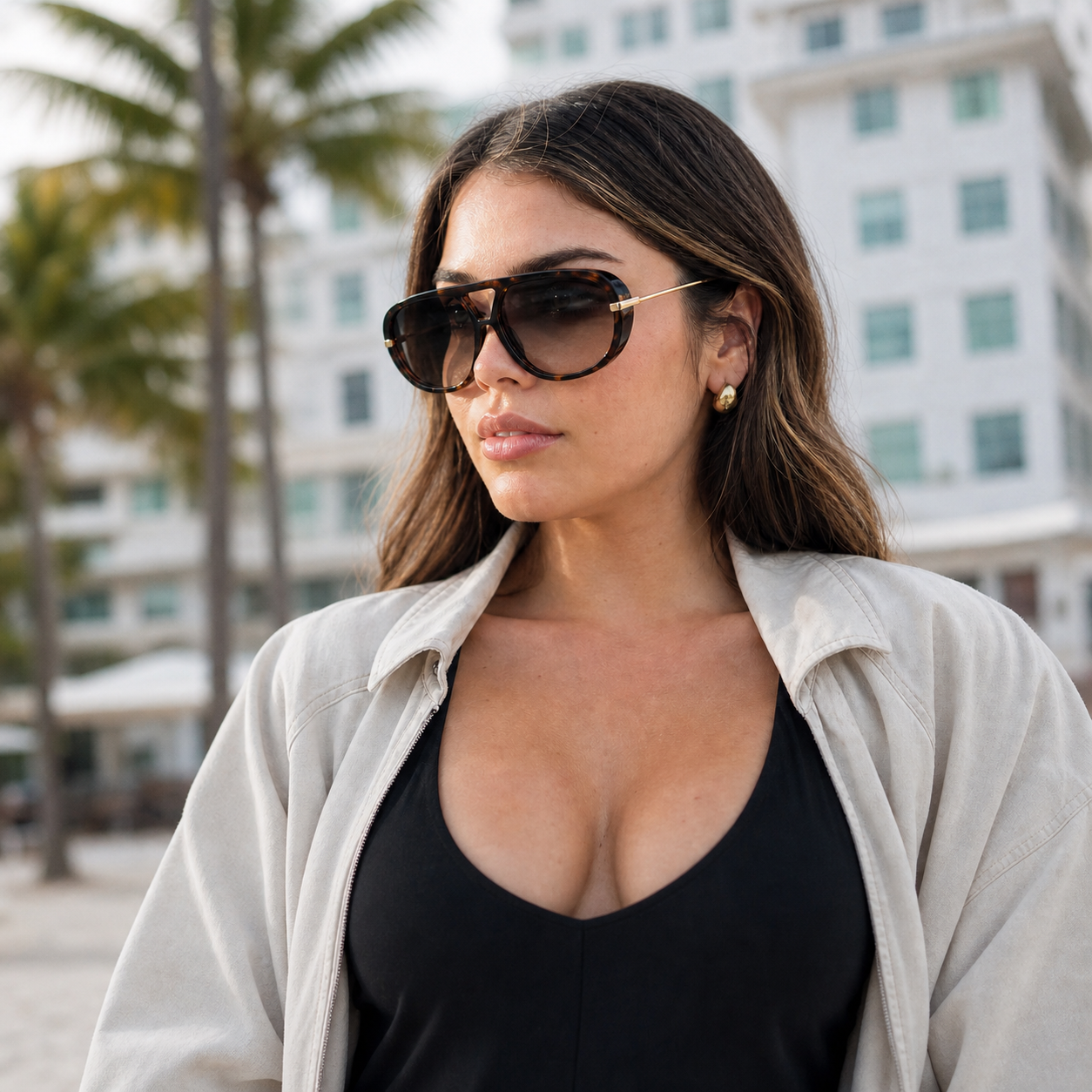 Young fashion model wearing NOCT Legacy oversized full-rim squared aviator with triangular double bridge sunglasses in Tortoiseshell / Brown