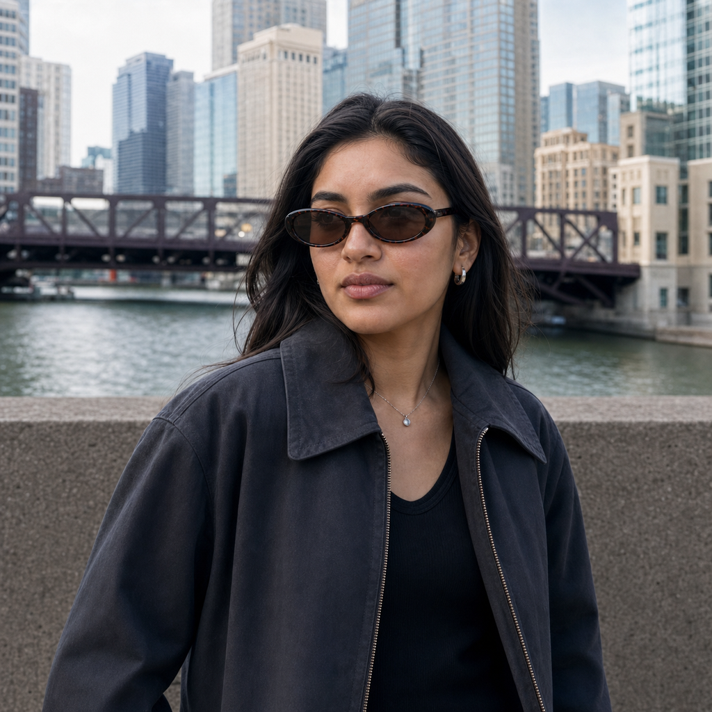 Young fashion model wearing NOCT Lunar slim full-rim horizontal oval sunglasses in Tortoiseshell / Brown