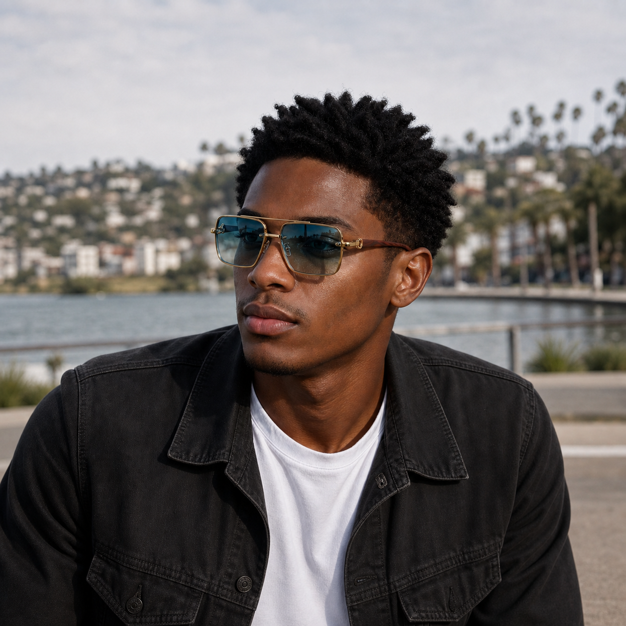 Young fashion model wearing NOCT Meridian oversized full-rim square navigator with double bridge sunglasses in Gold / Blue
