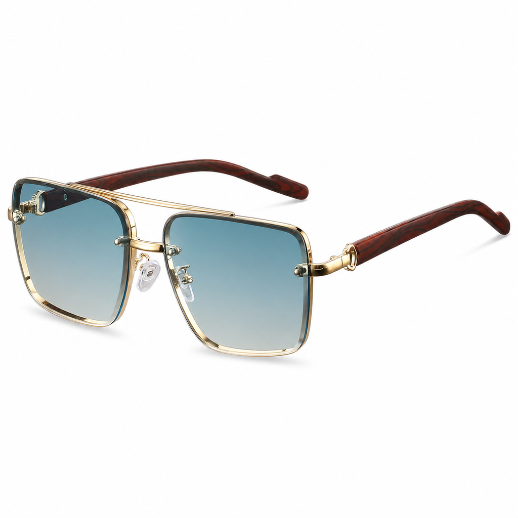 NOCT Meridian oversized full-rim square navigator with double bridge sunglasses in Gold / Blue on a white background