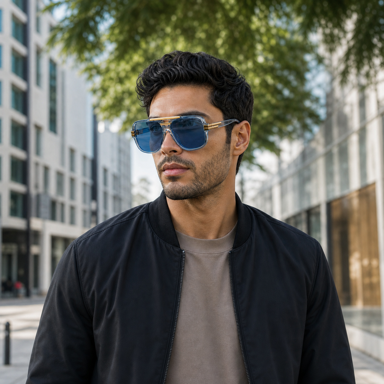 Young fashion model wearing NOCT Mistral oversized full-rim geometric square navigator with double bridge sunglasses in Ice Blue / Blue