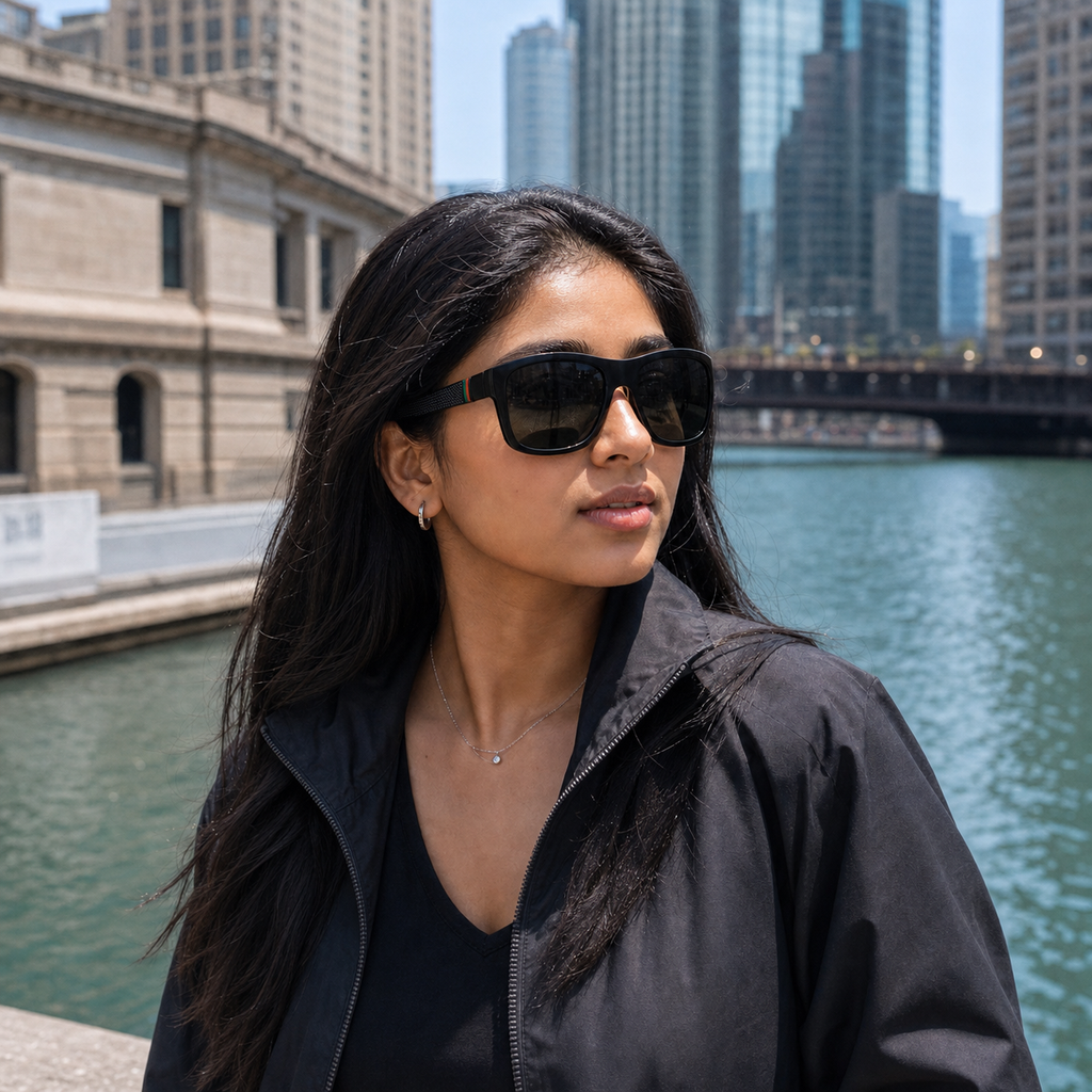 Young fashion model wearing NOCT Momentum oversized full-rim square sport wrap sunglasses in Black / Smoke
