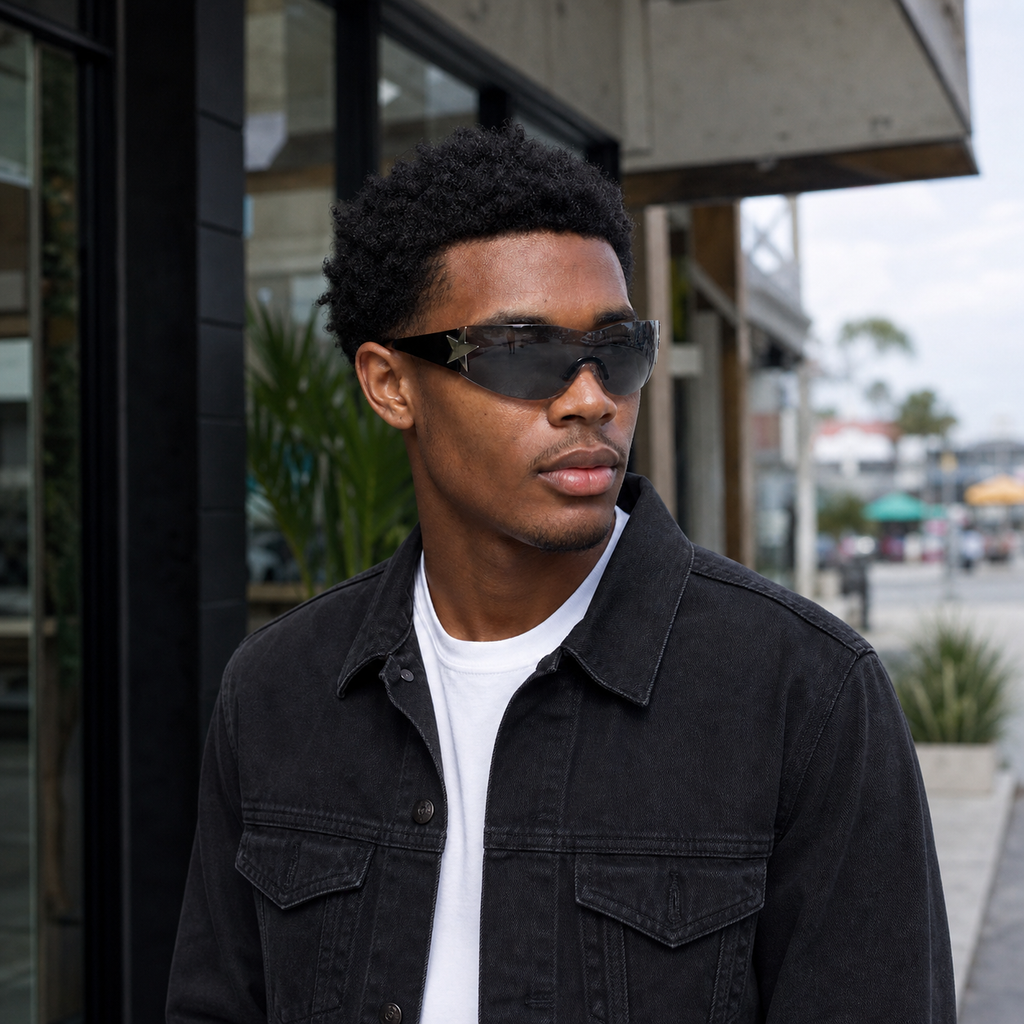 Young fashion model wearing NOCT Nexus rimless curved one-piece shield wrap sunglasses in Silver / Smoke