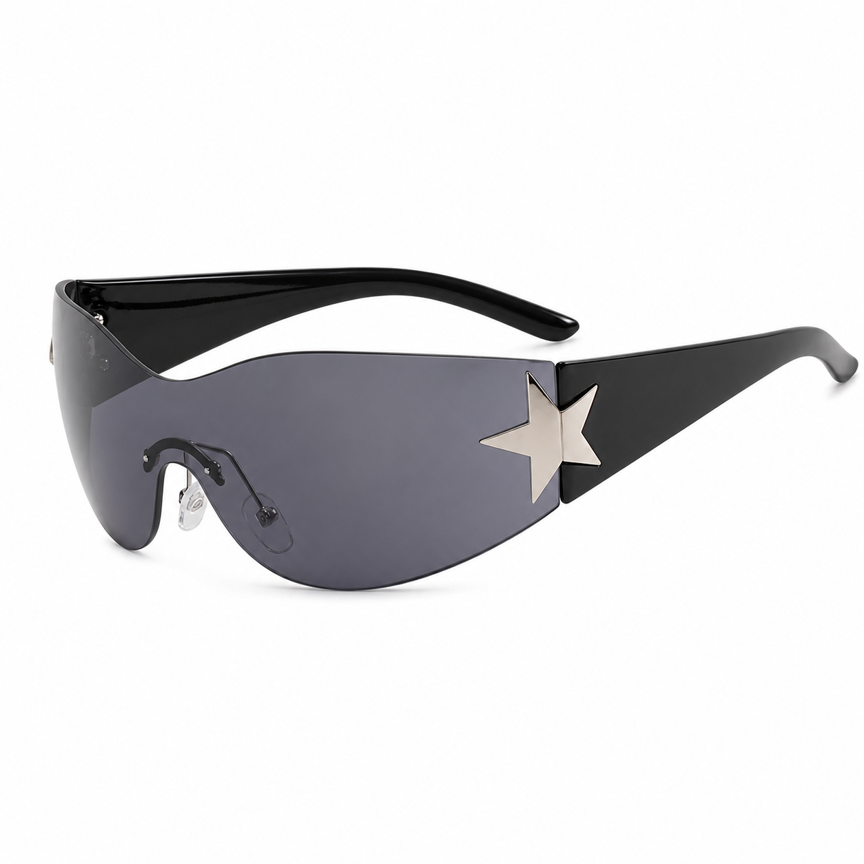 NOCT Nexus rimless curved one-piece shield wrap sunglasses in Silver / Smoke on a white background