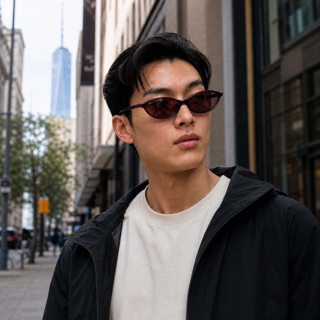 Young fashion model wearing NOCT Opaline slim full-rim almond oval sunglasses in Burgundy / Brown