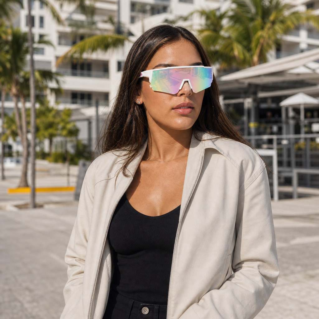 Young fashion model wearing NOCT Prism semi-rimless angular blade shield sunglasses in White / Mirror