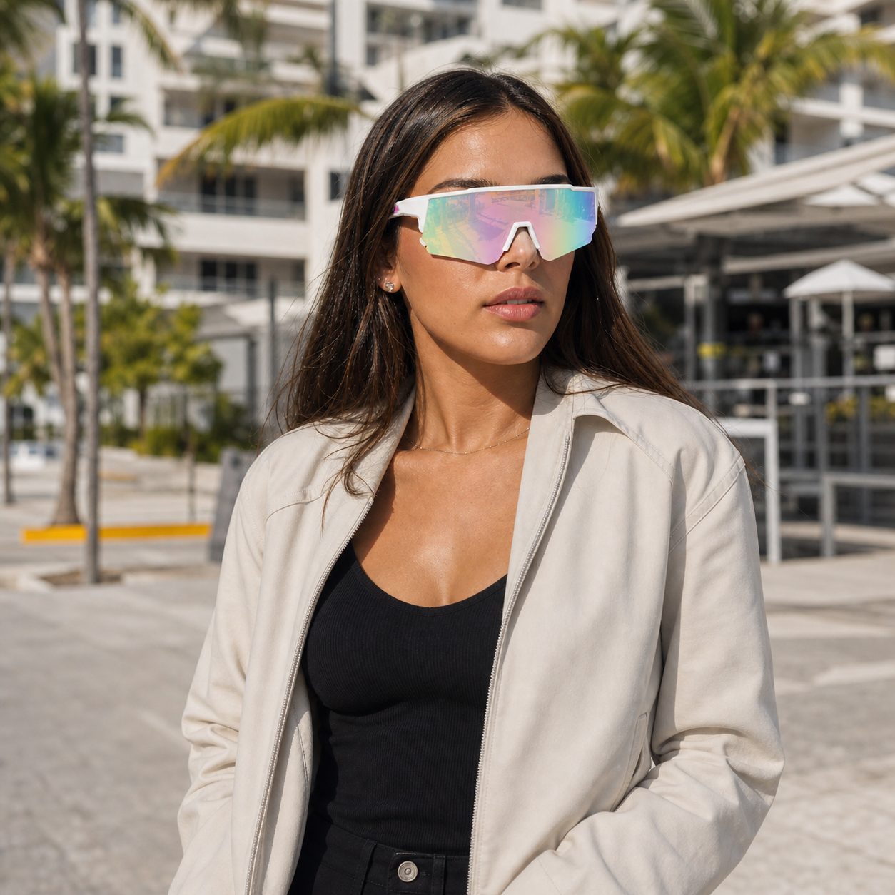 Young fashion model wearing NOCT Prism semi-rimless angular blade shield sunglasses in White / Mirror