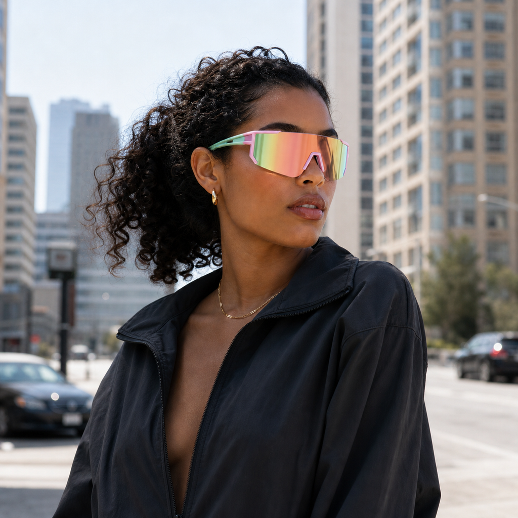 Young fashion model wearing NOCT Pulse semi-rimless oversized blade shield sunglasses in Green / Mirror