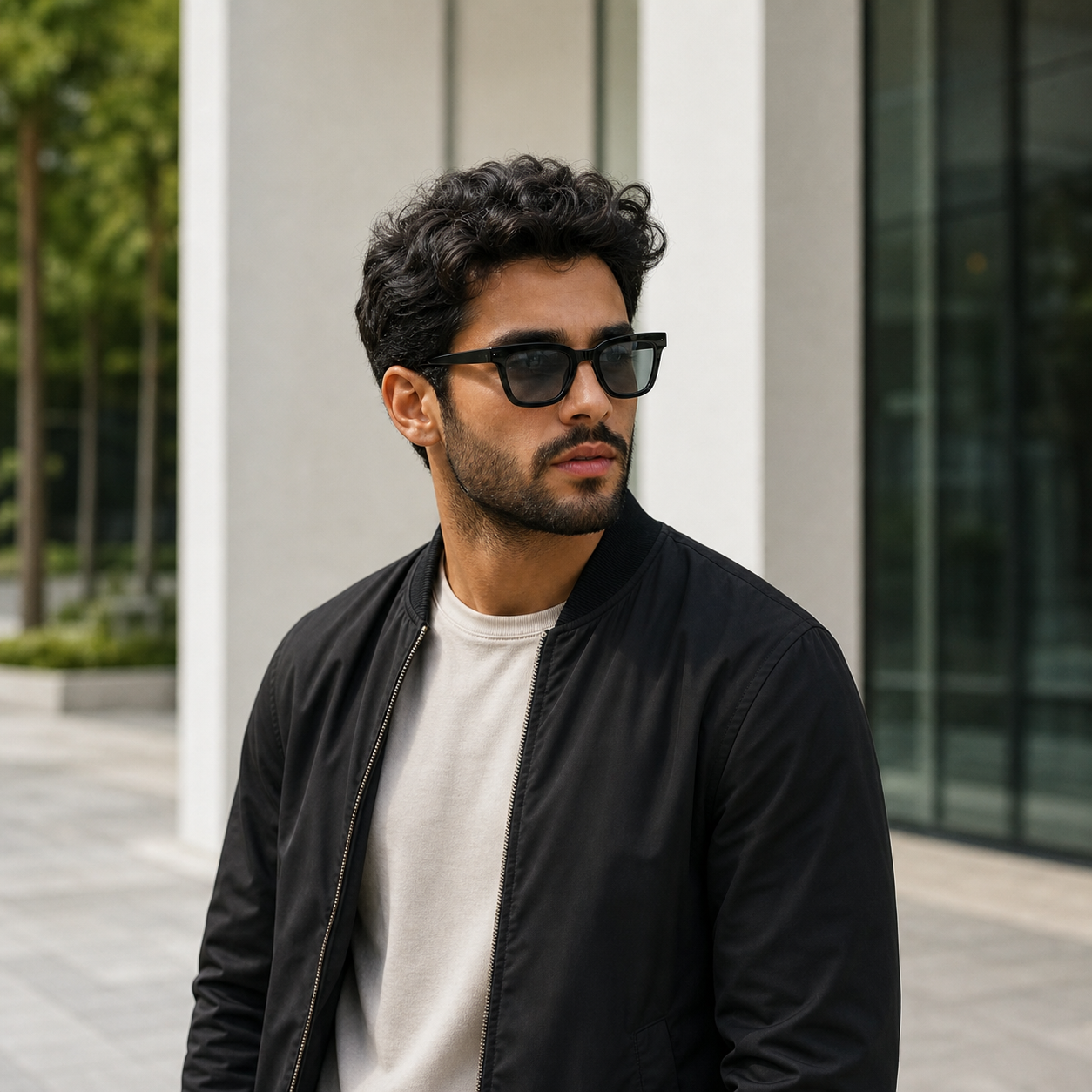Young fashion model wearing NOCT Quarry angular square full-rim sunglasses in Black / Smoke
