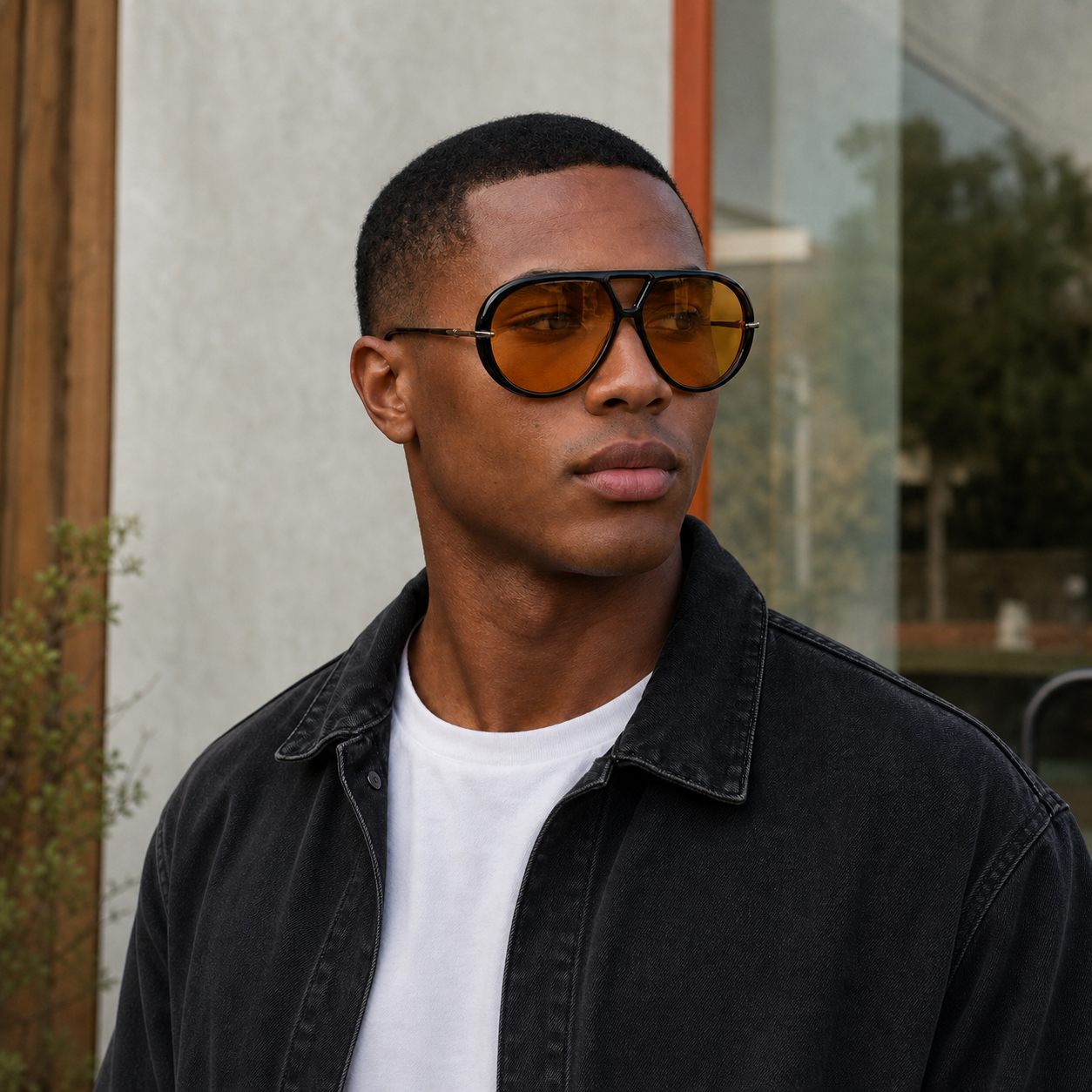 Young fashion model wearing NOCT Reign oversized full-rim teardrop navigator with triangular double bridge sunglasses in Gold / Amber