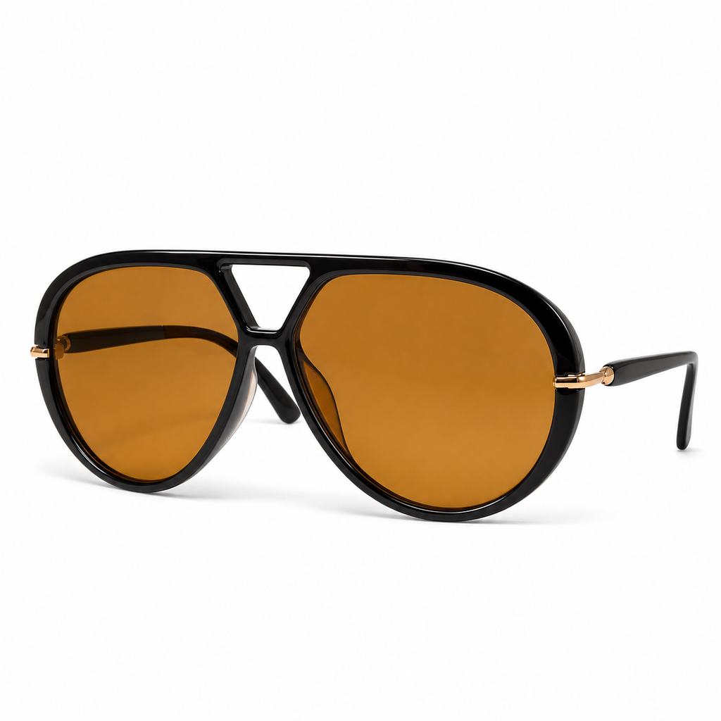NOCT Reign oversized full-rim teardrop navigator with triangular double bridge sunglasses in Gold / Amber on a white background