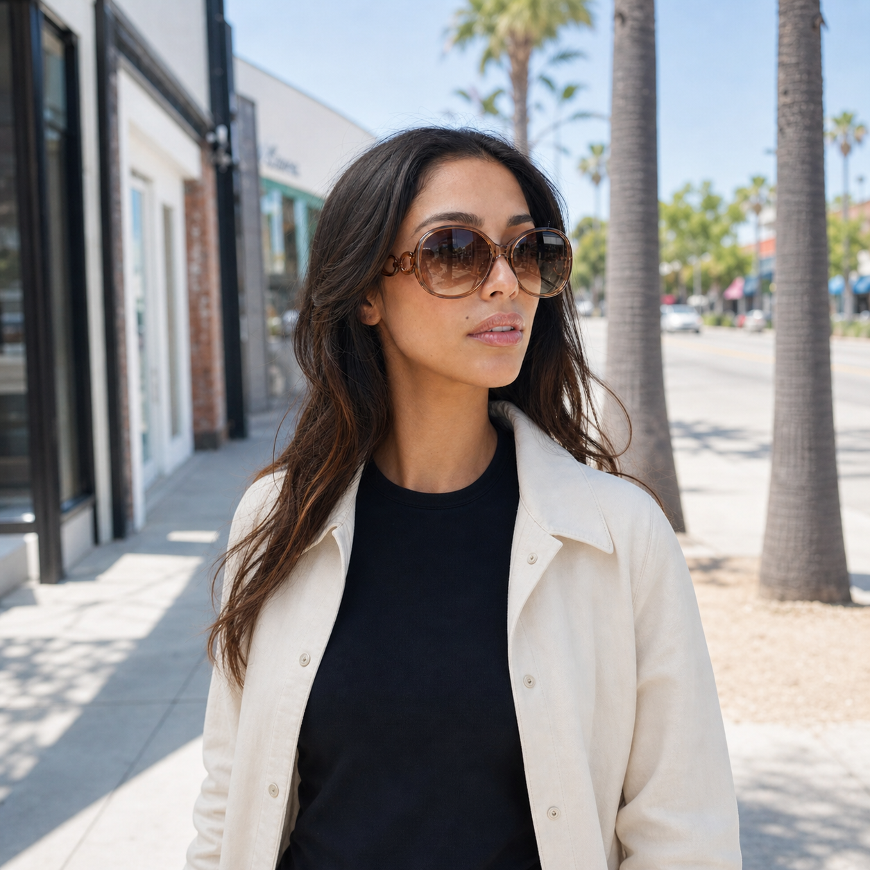Young fashion model wearing NOCT Relic oversized round butterfly full-rim sunglasses in Brown / Brown