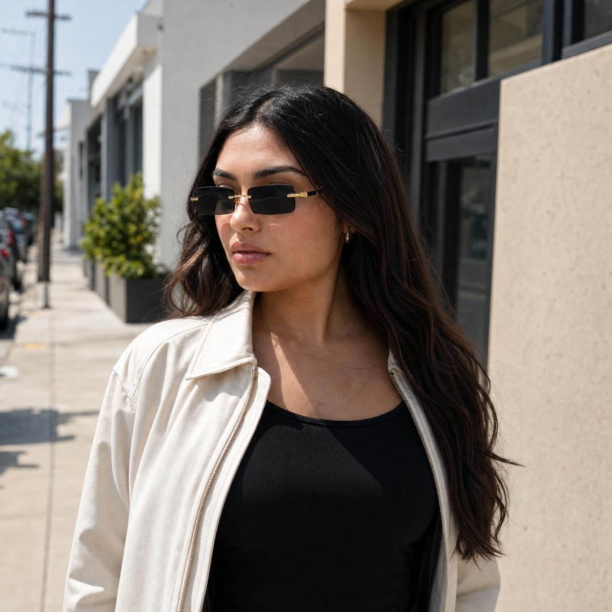 Young fashion model wearing NOCT Rift rimless narrow beveled rectangle sunglasses in Gold / Smoke