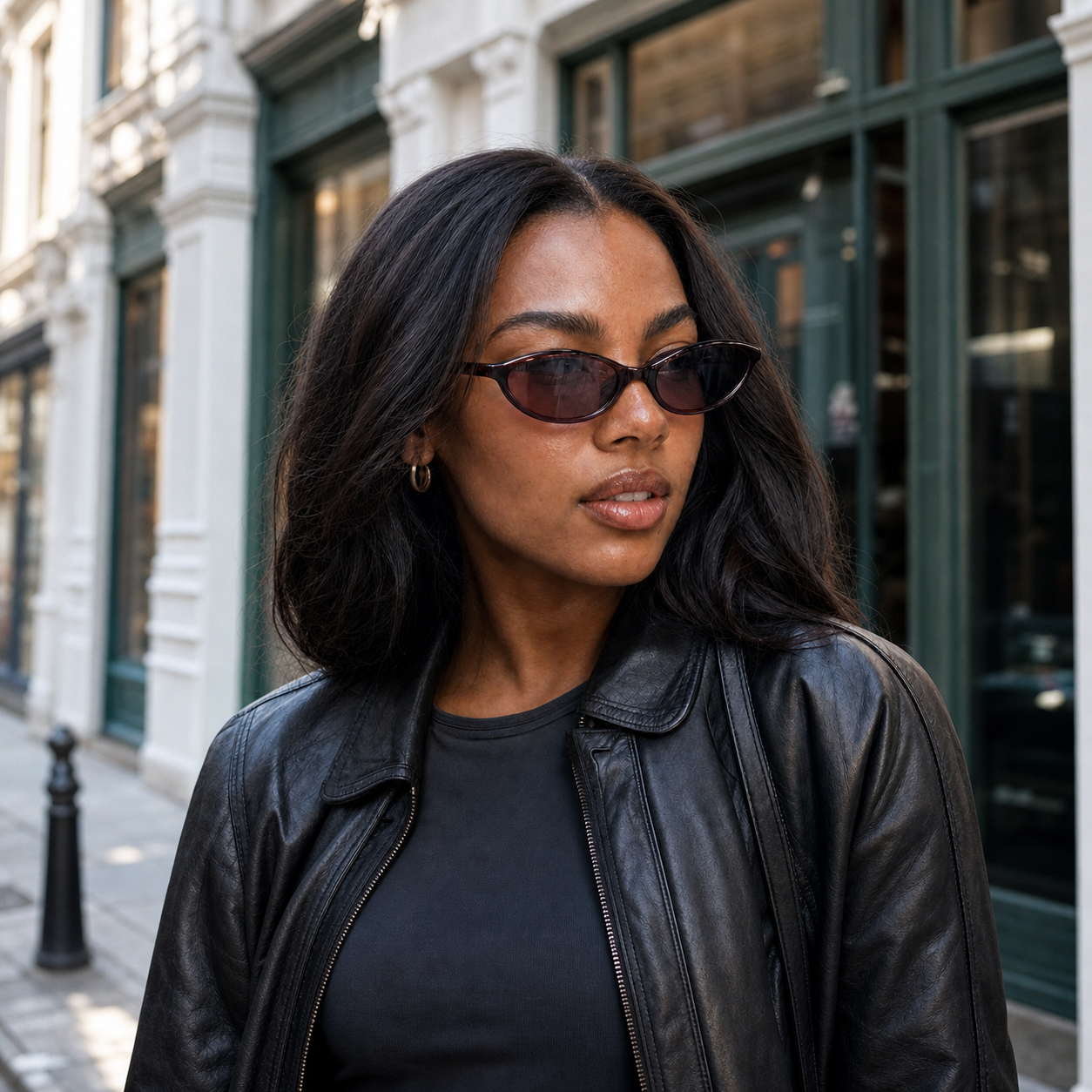 Young fashion model wearing NOCT Selene slim full-rim upswept oval sunglasses in Burgundy / Rose Smoke