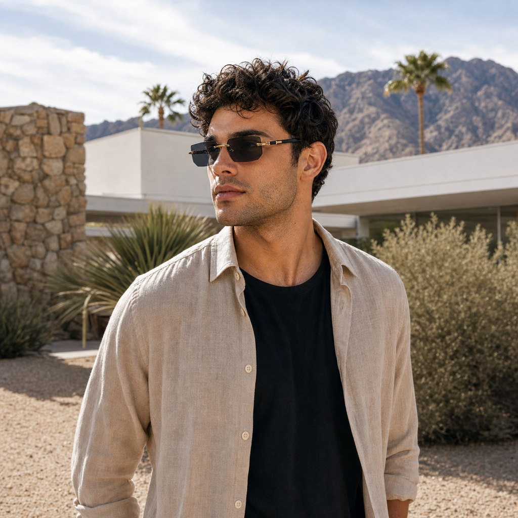Young fashion model wearing NOCT Sigil rimless narrow beveled rectangle sunglasses in Gold / Smoke