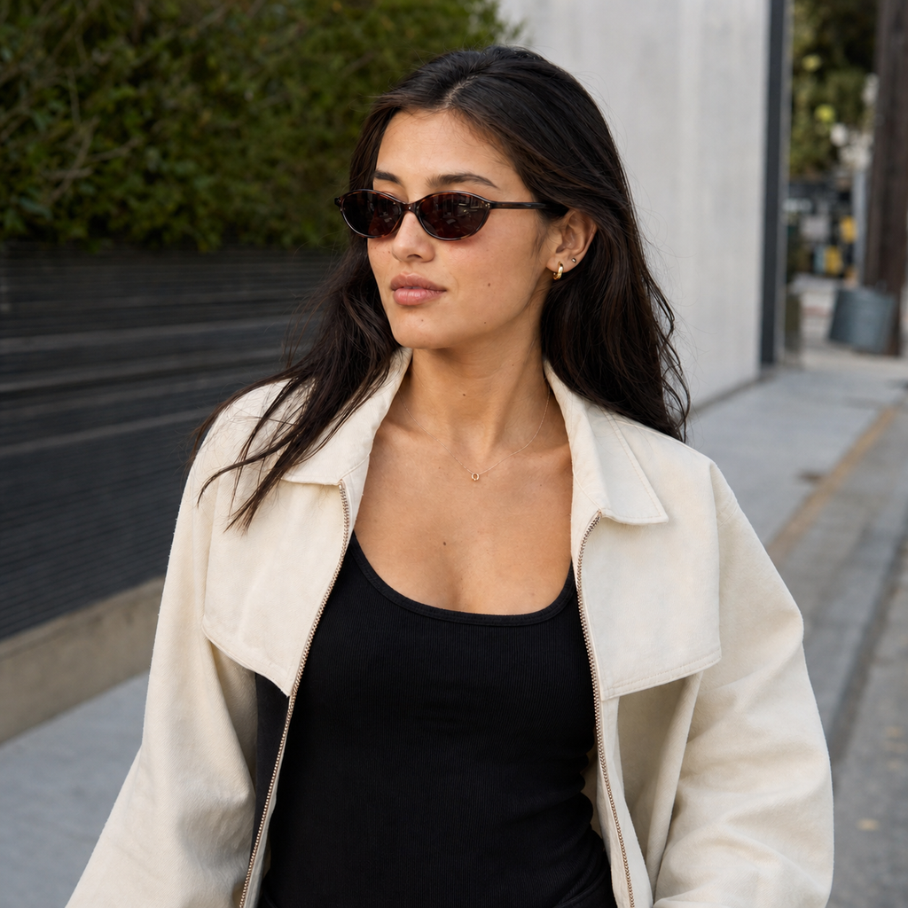 Young fashion model wearing NOCT Sirene micro full-rim upswept cat-eye oval sunglasses in Tortoiseshell / Brown