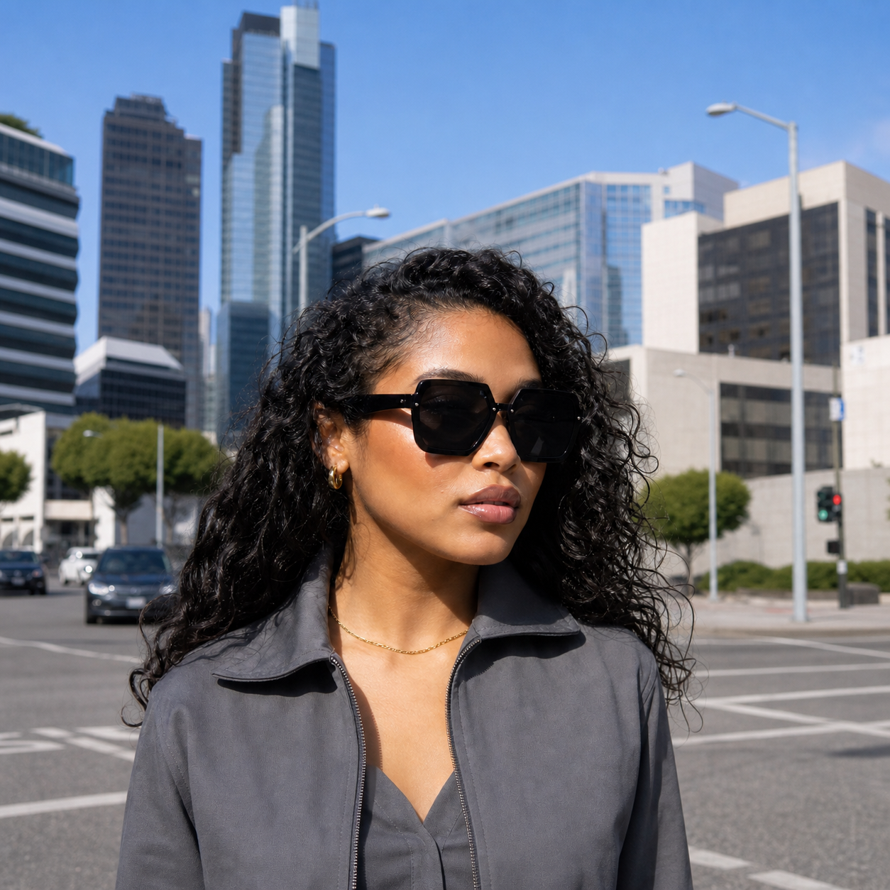 Young fashion model wearing NOCT Slate oversized angular square full-rim sunglasses in Black / Smoke
