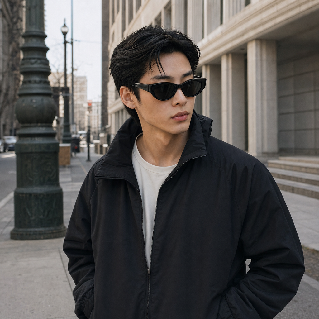 Young fashion model wearing NOCT Solace sculpted upswept cat-eye with oval lens openings sunglasses in Black / Smoke