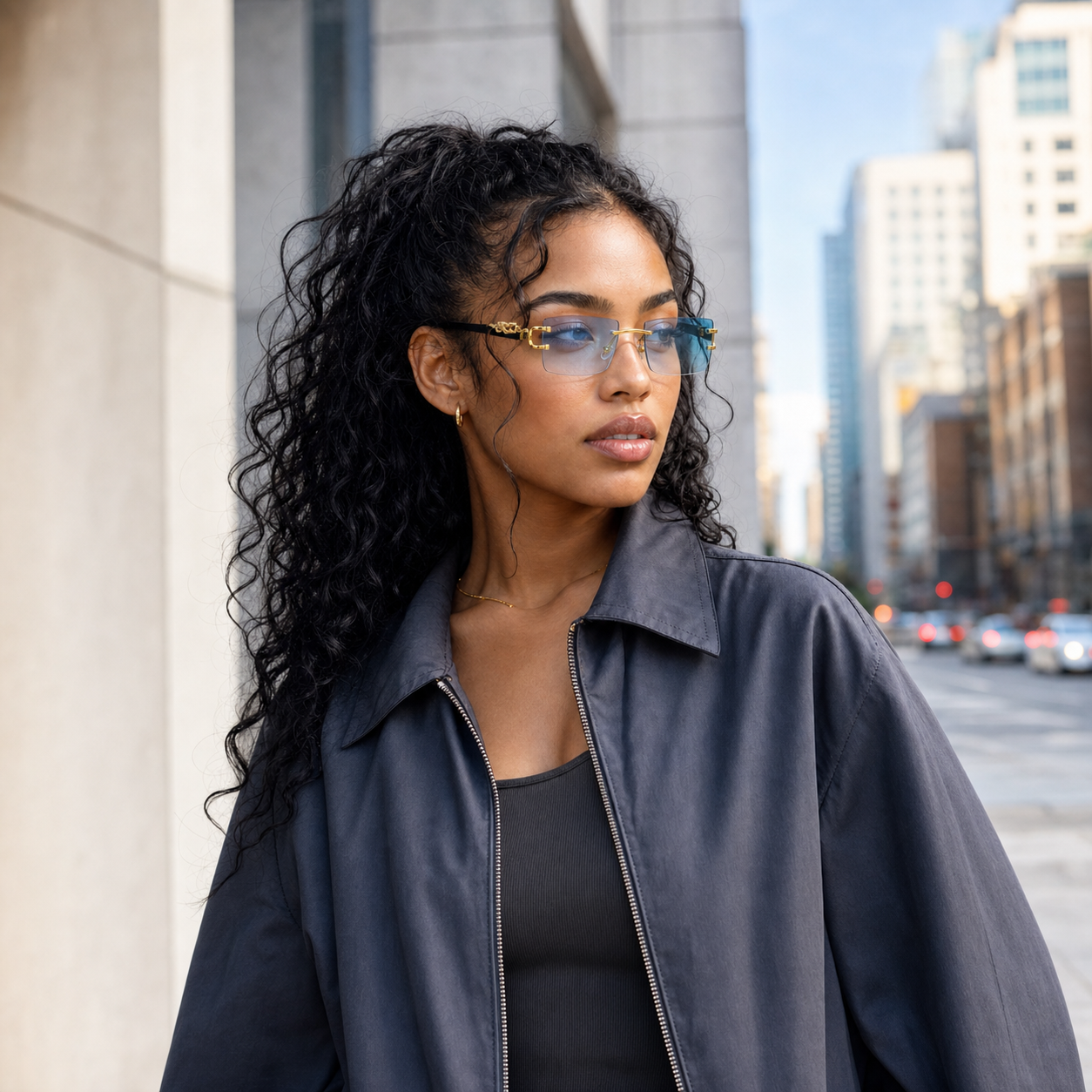 Young fashion model wearing NOCT Specter rimless narrow rectangle sunglasses in Gold / Blue
