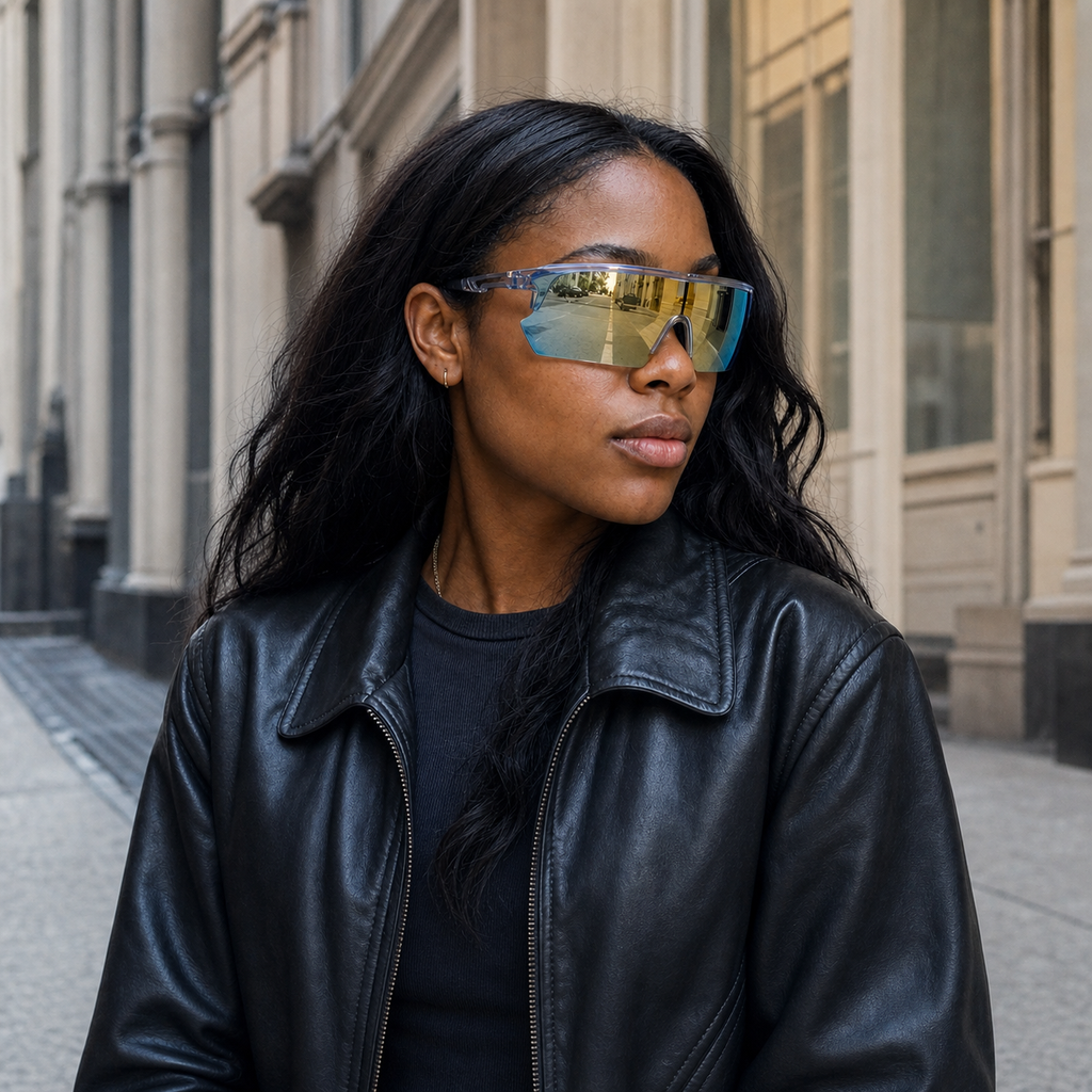Young fashion model wearing NOCT Spectra oversized semi-rimless single-lens shield wrap sunglasses in Gray / Blue Mirror