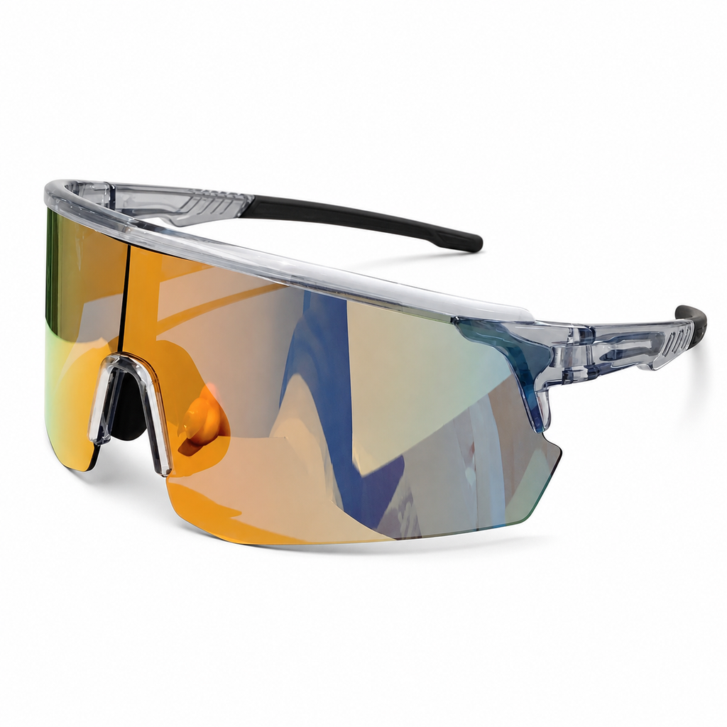 NOCT Spectra oversized semi-rimless single-lens shield wrap sunglasses in Gray / Blue Mirror on a white background
