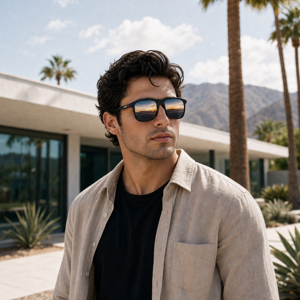 Young fashion model wearing NOCT Static square navigator full-rim with double bridge sunglasses in Black / Blue Mirror