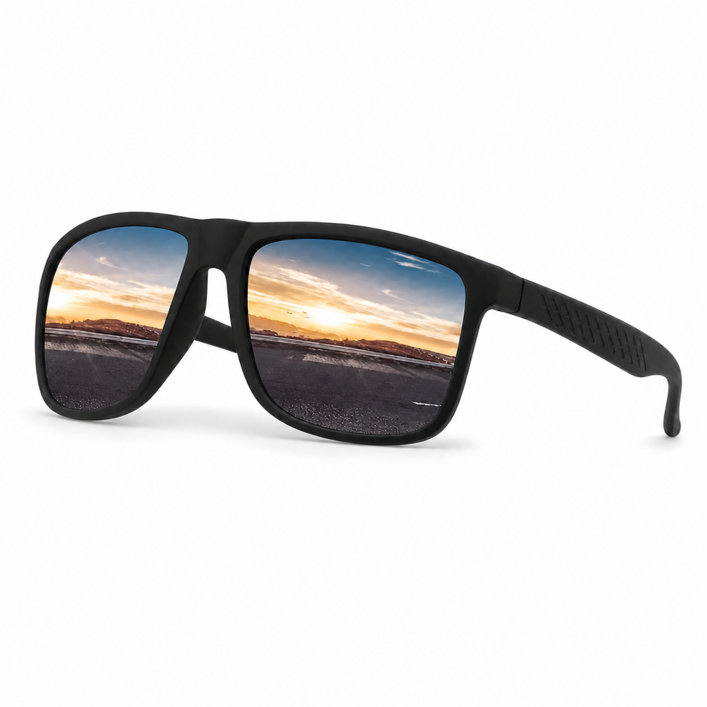 NOCT Static square navigator full-rim with double bridge sunglasses in Black / Blue Mirror on a white background