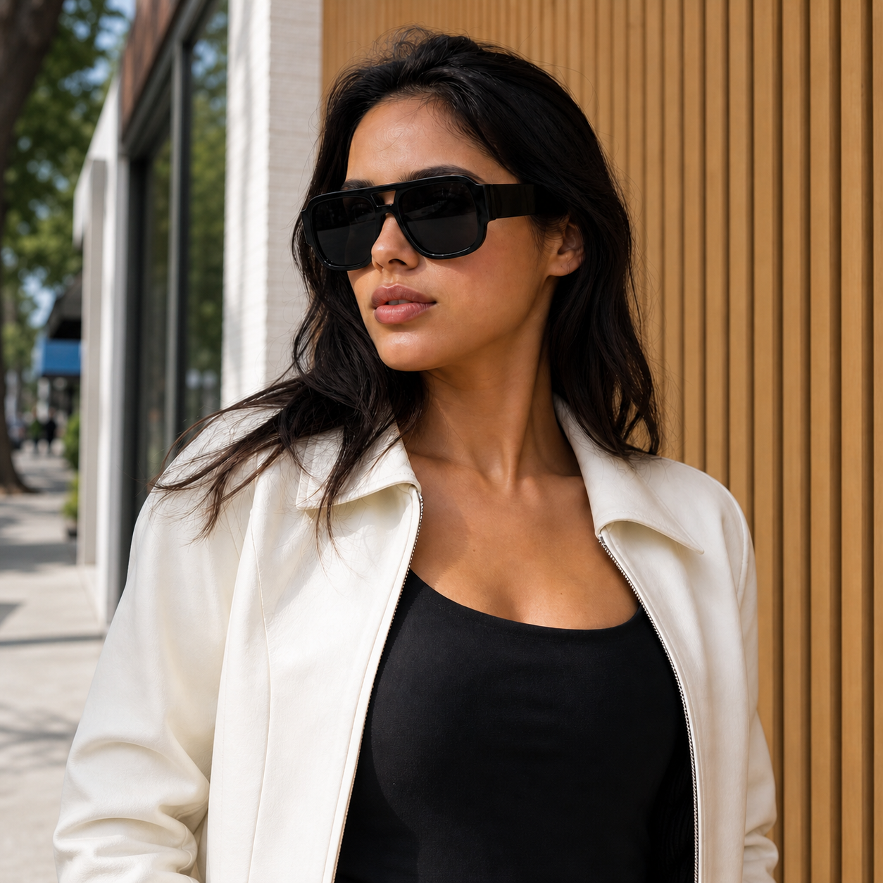 Young fashion model wearing NOCT Stratus oversized full-rim square navigator with open double bridge sunglasses in Black / Smoke