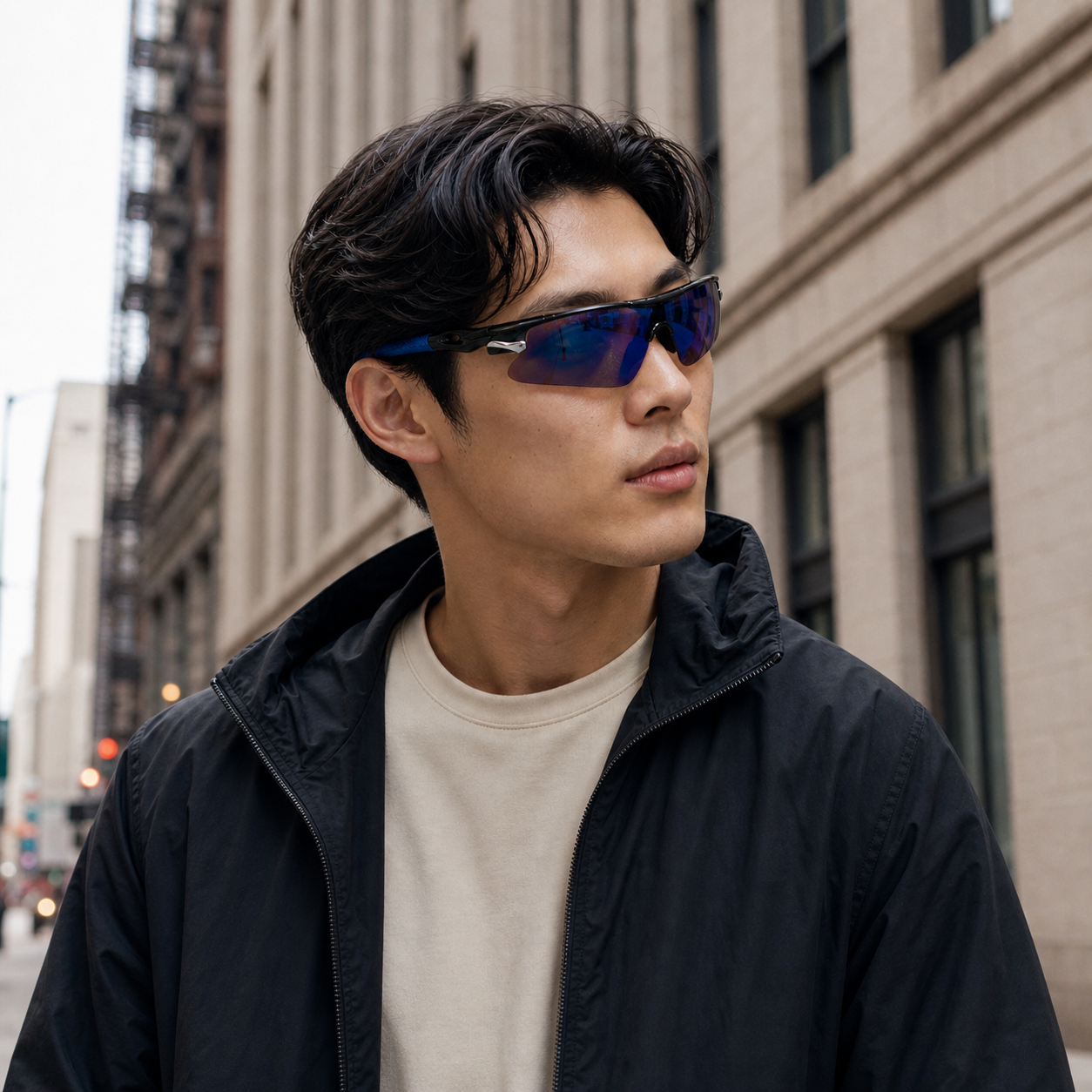 Young fashion model wearing NOCT Strike semi-rimless wraparound blade shield sunglasses in Blue / Blue Mirror