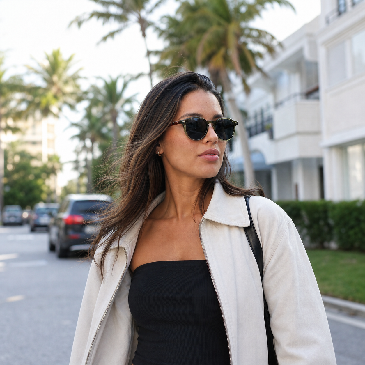 Young fashion model wearing NOCT Sylva full-rim panto round with softly flattened brow sunglasses in Tortoiseshell / Smoke