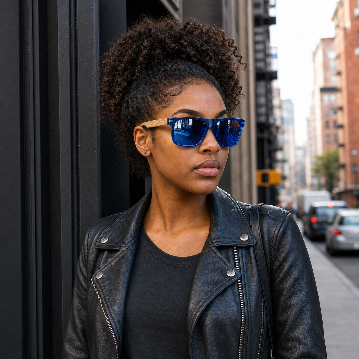 Young fashion model wearing NOCT Tide boxy square full-rim sunglasses in Blue / Blue Mirror