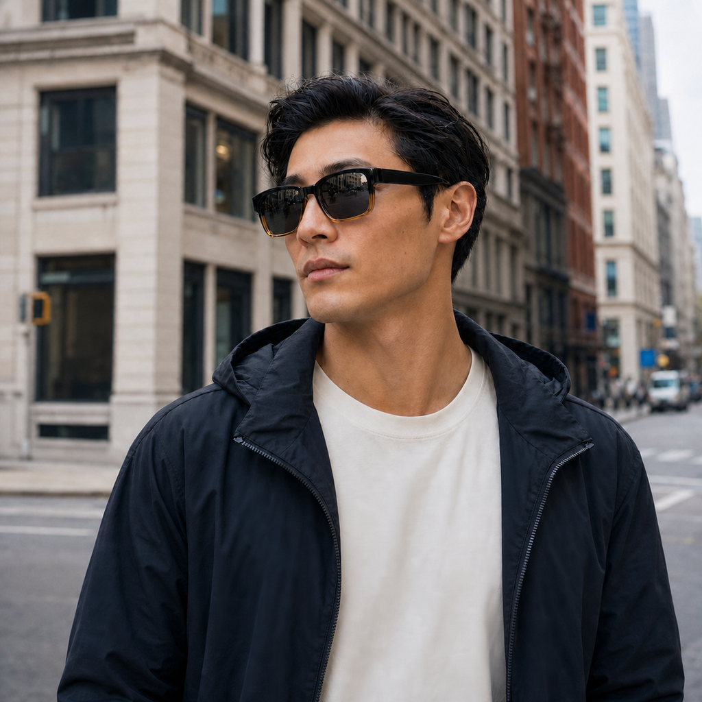 Young fashion model wearing NOCT Titan thick square full-rim sunglasses in Black / Smoke