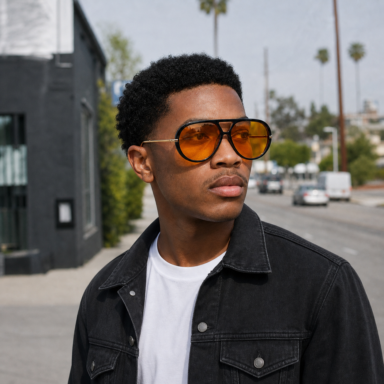 Young fashion model wearing NOCT Torque oversized full-rim teardrop navigator with triangular double bridge sunglasses in Gold / Amber